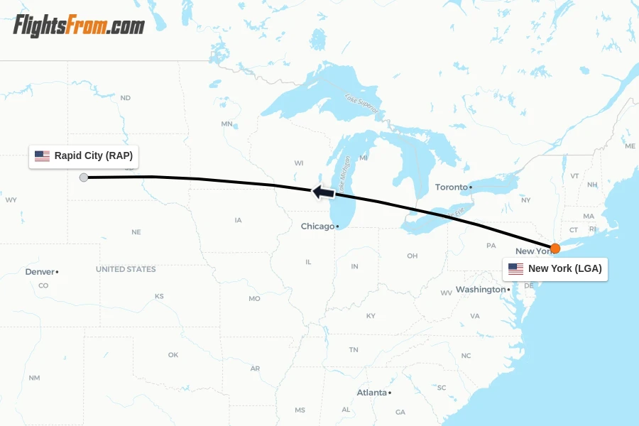 Flights from New York to Rapid City route map