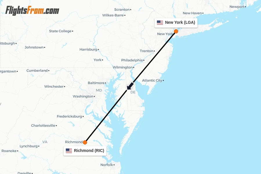Flights from New York to Richmond route map