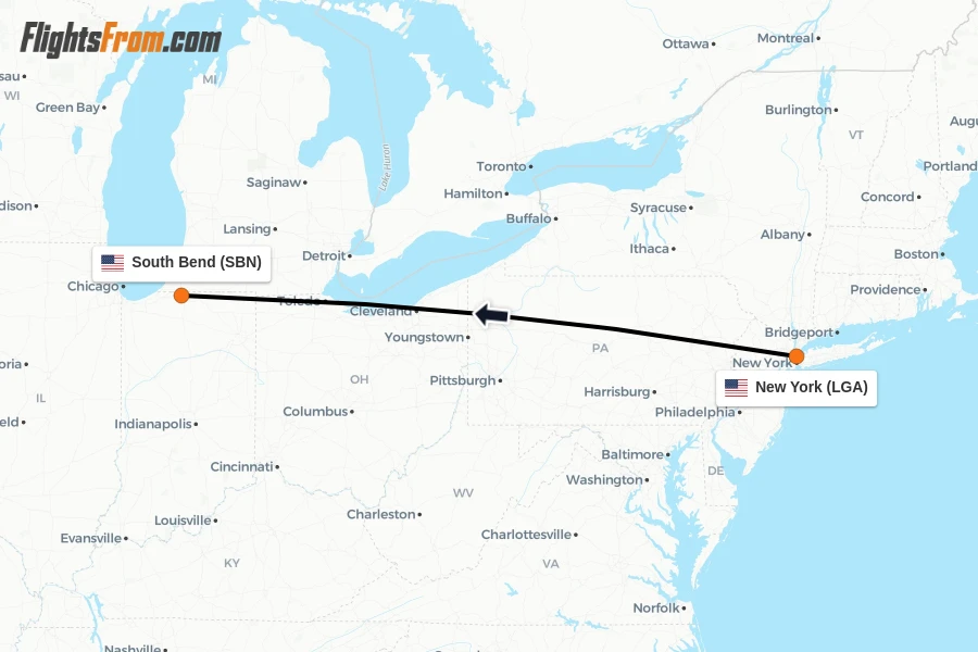 Flights from New York to South Bend route map