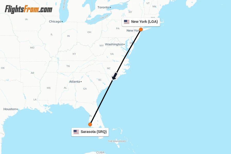 Flights from New York to Sarasota route map