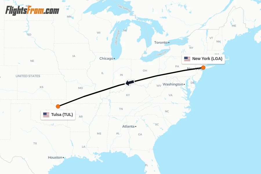 Flights from New York to Tulsa route map