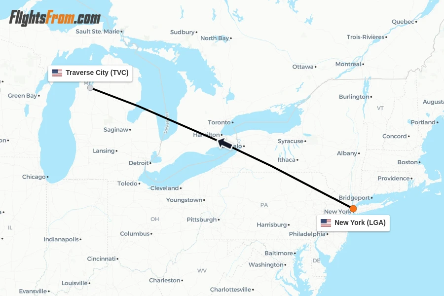 Flights from New York to Traverse City route map