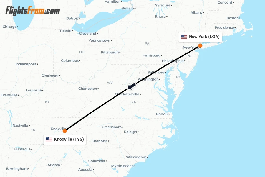 Flights from New York to Knoxville route map
