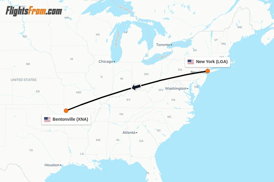 Flights from New York to Bentonville route map