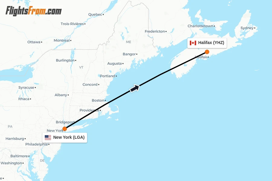 Flights from New York to Halifax route map