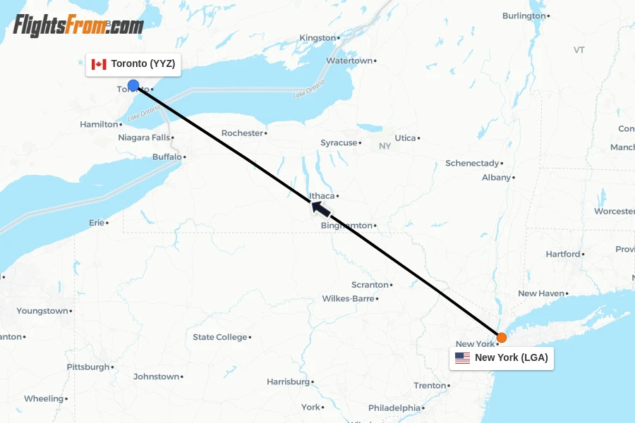 Flights from New York to Toronto route map