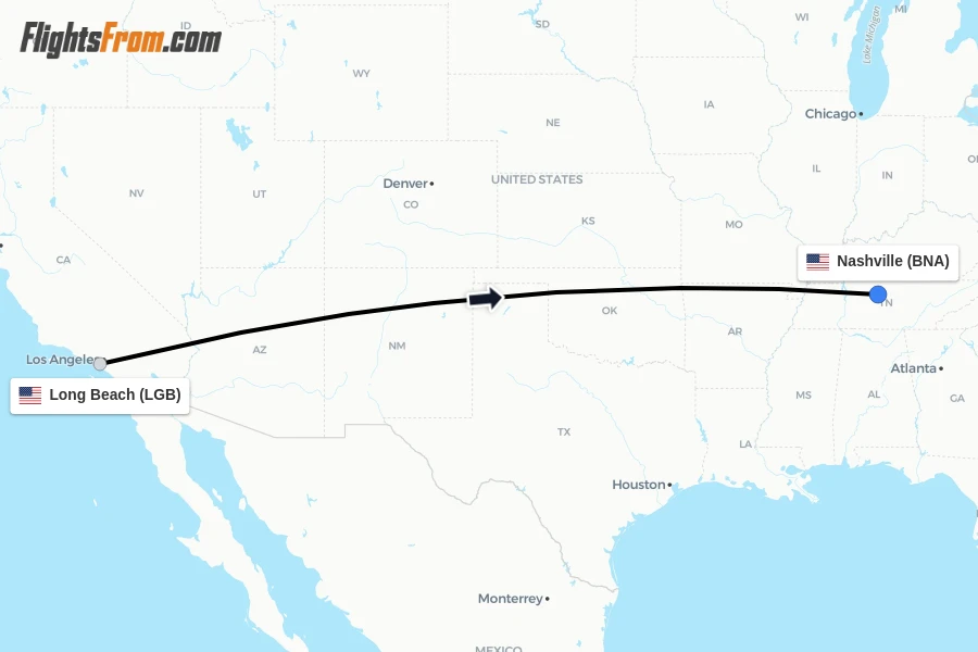 Flights from Long Beach to Nashville route map