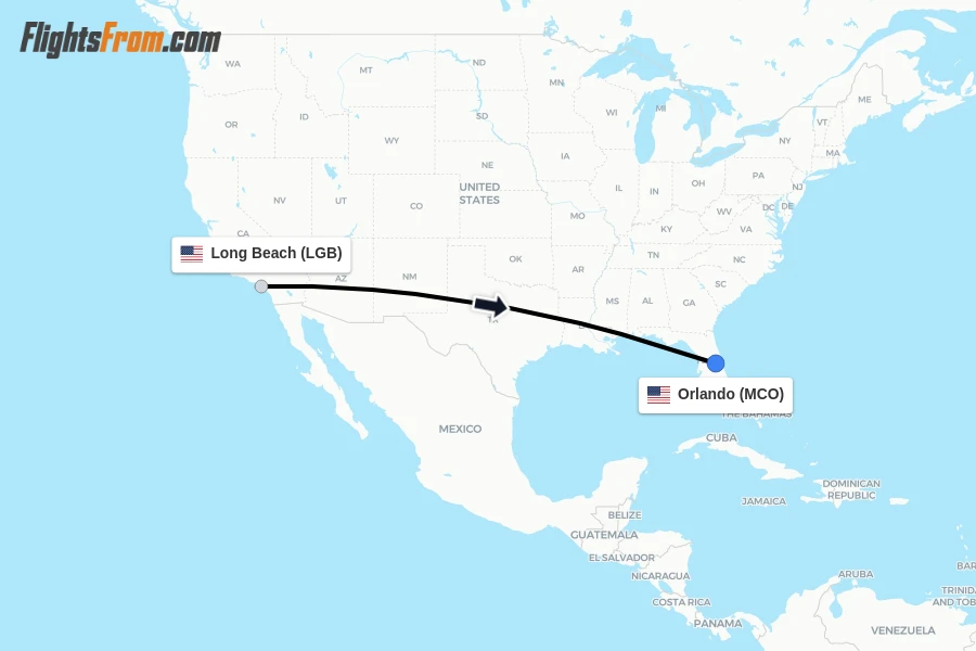 Flights from Long Beach to Orlando route map