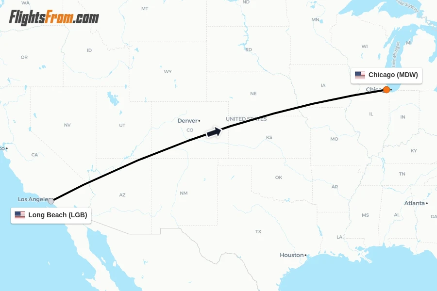 Flights from Long Beach to Chicago route map