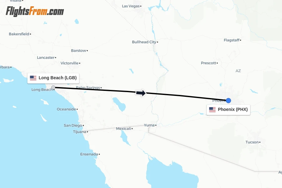 Flights from Long Beach to Phoenix route map