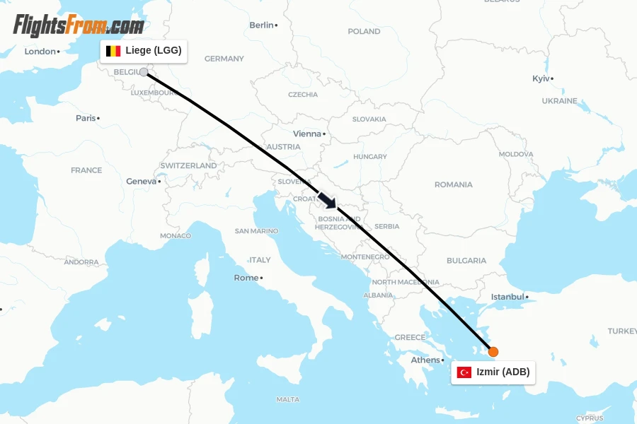 Flights from Liege to Izmir route map
