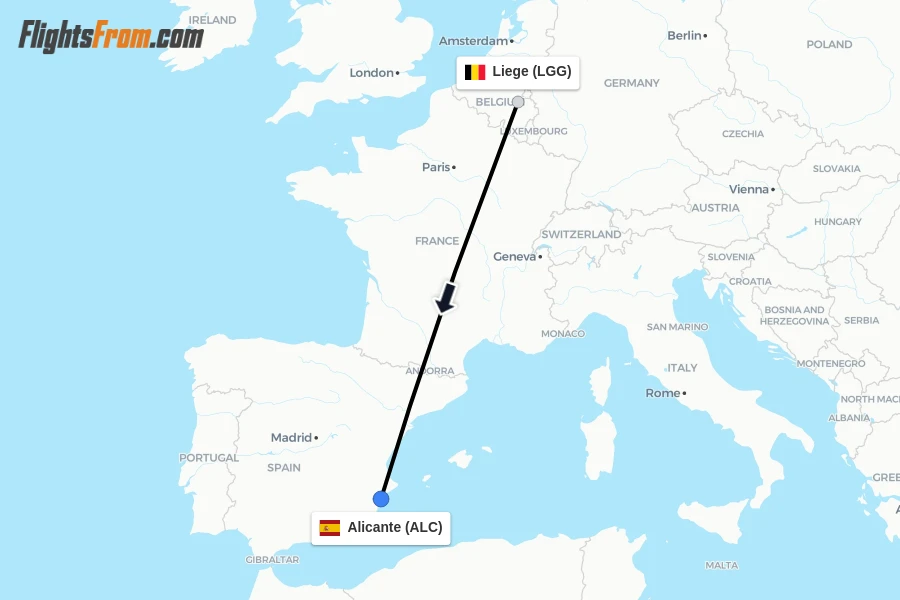 Flights from Liege to Alicante route map