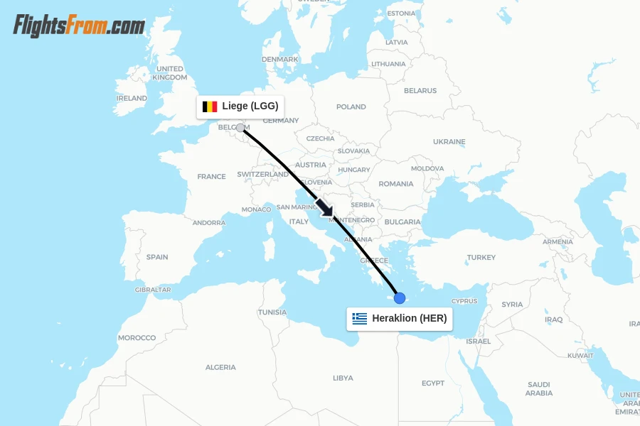Flights from Liege to Heraklion route map
