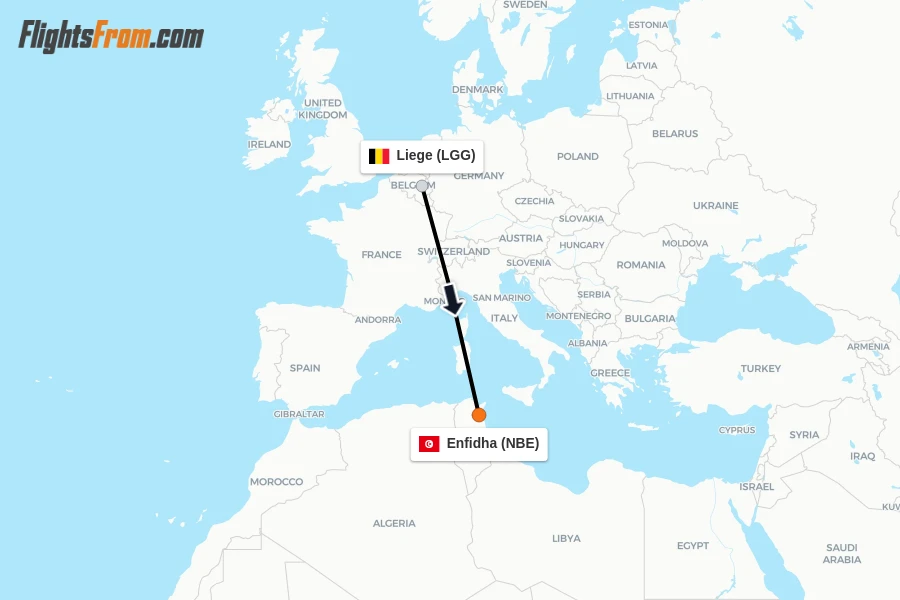 Flights from Liege to Enfidha route map