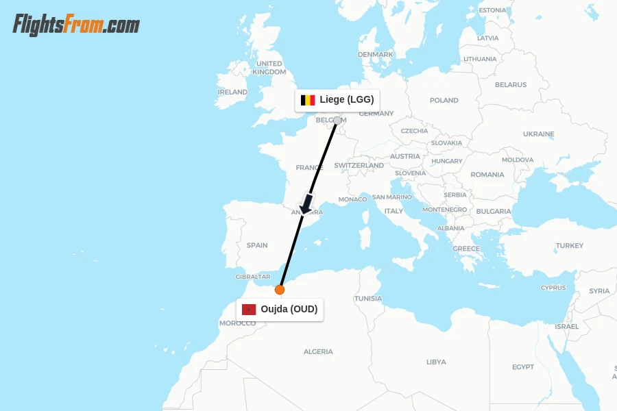 Flights from Liege to Oujda route map
