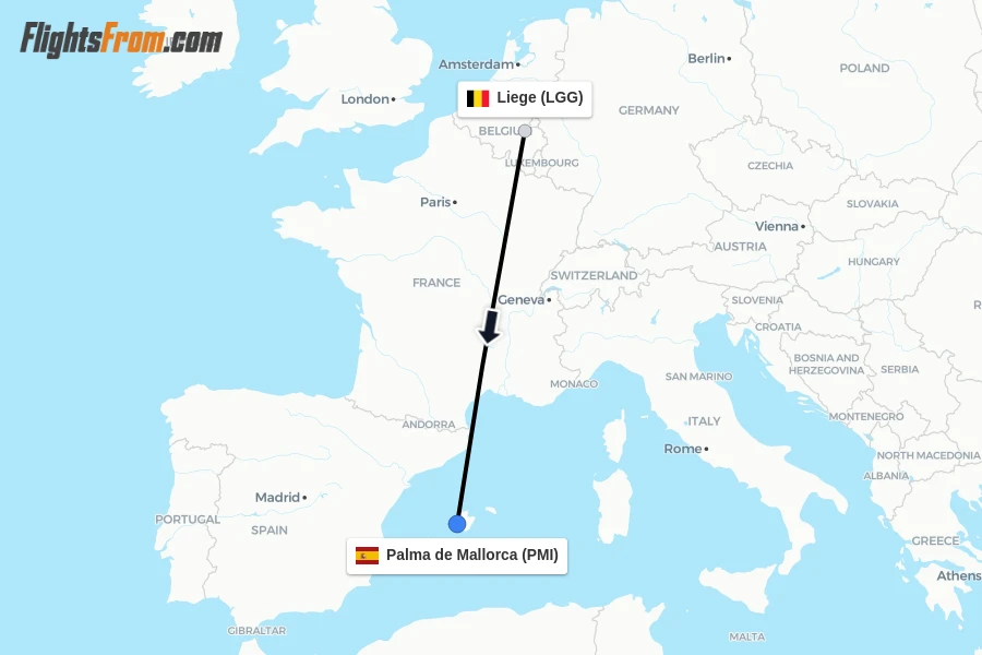 Flights from Liege to Palma de Mallorca route map
