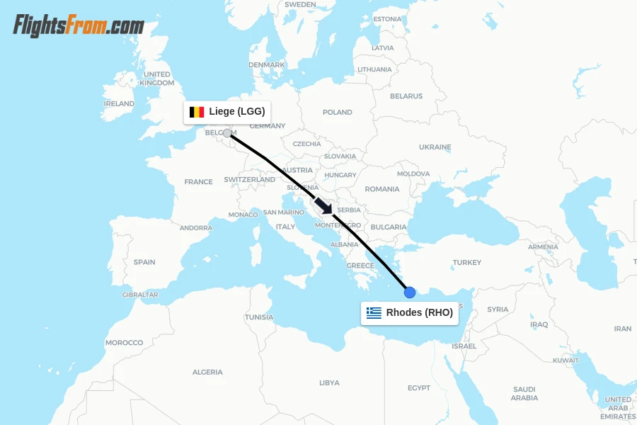 Flights from Liege to Rhodes route map