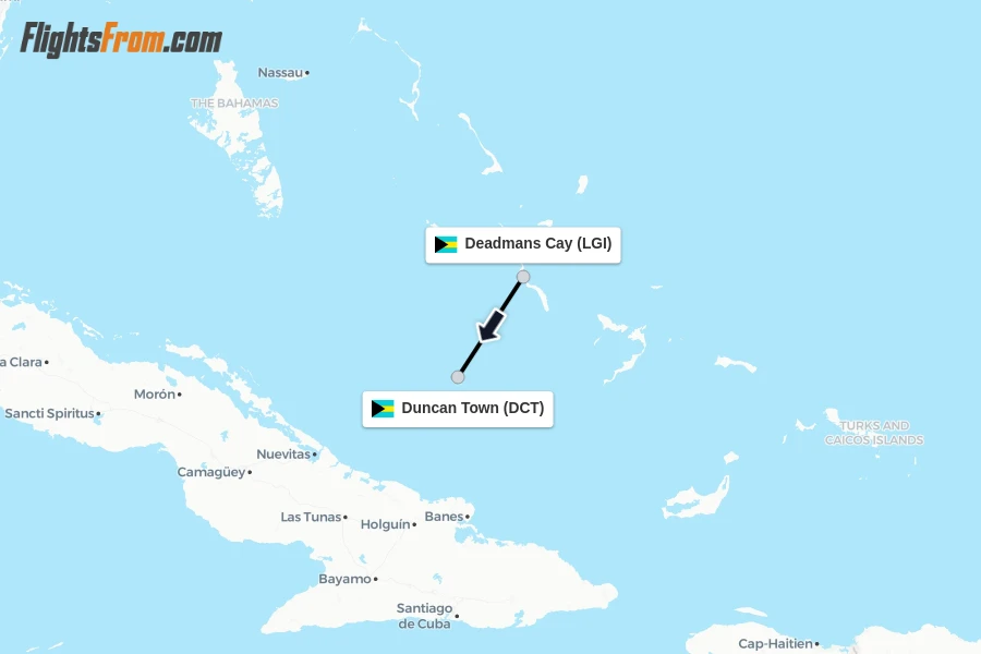Flights from Deadmans Cay to Duncan Town route map