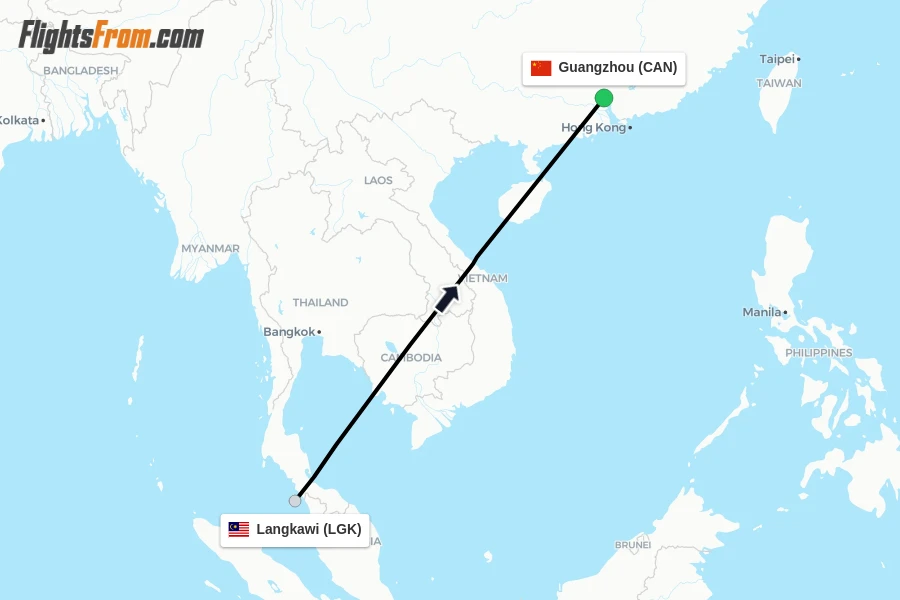 Flights from Langkawi to Guangzhou route map