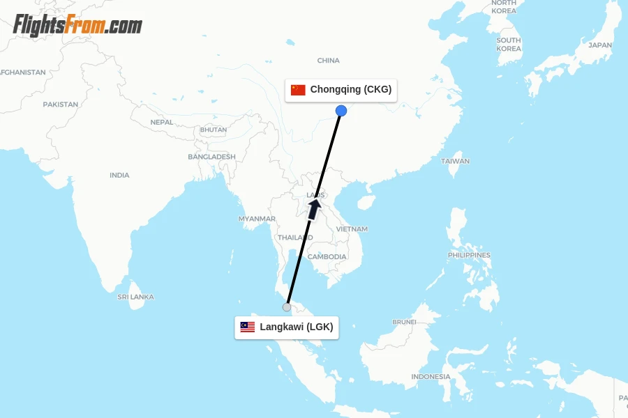Flights from Langkawi to Chongqing route map