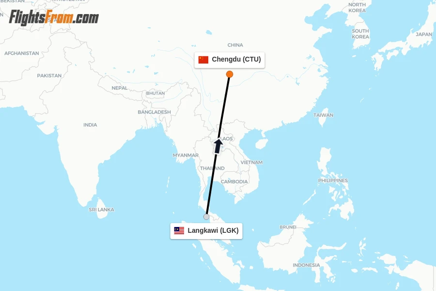 Flights from Langkawi to Chengdu route map