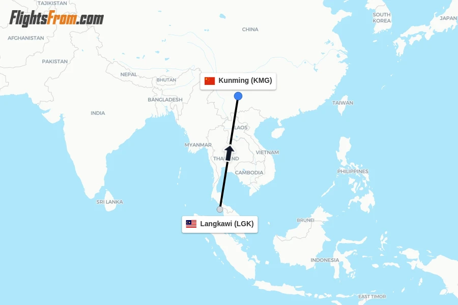 Flights from Langkawi to Kunming route map