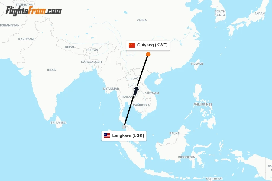 Flights from Langkawi to Guiyang route map