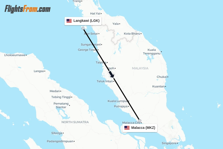 Flights from Langkawi to Malacca route map