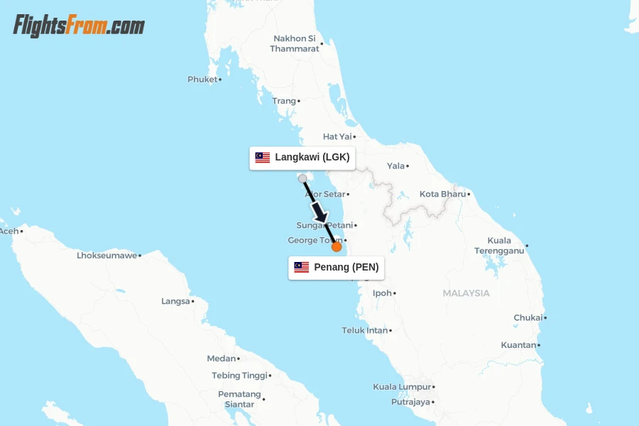Flights from Langkawi to Penang route map