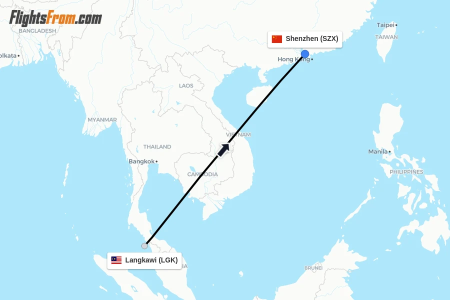 Flights from Langkawi to Shenzhen route map