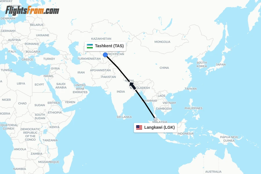 Flights from Langkawi to Tashkent route map