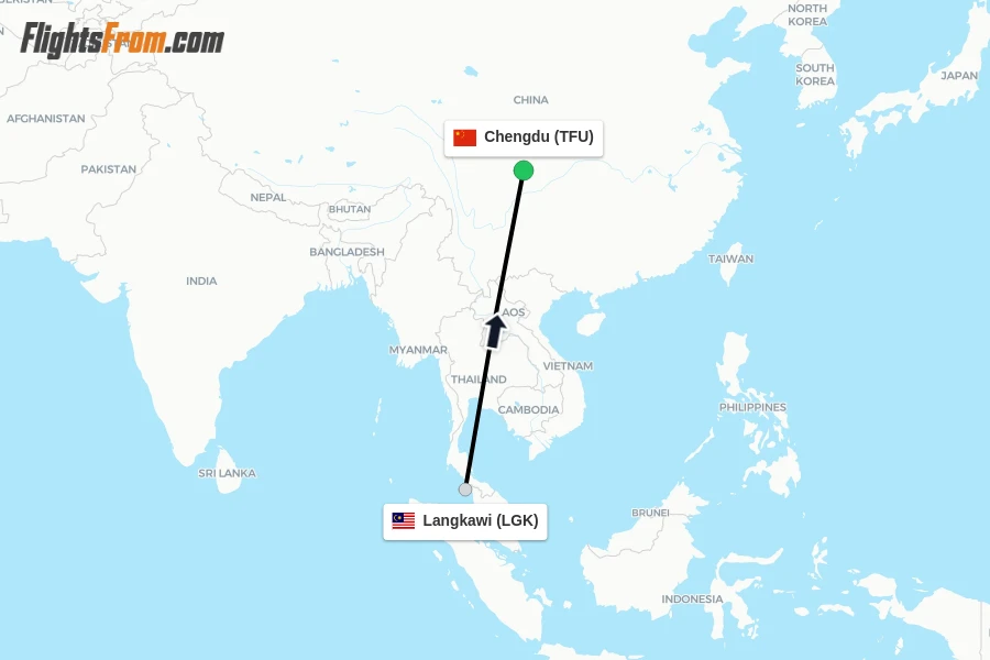 Flights from Langkawi to Chengdu route map