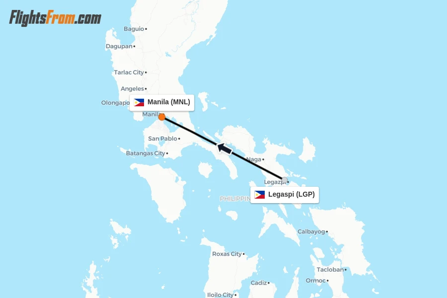 Flights from Legaspi to Manila route map