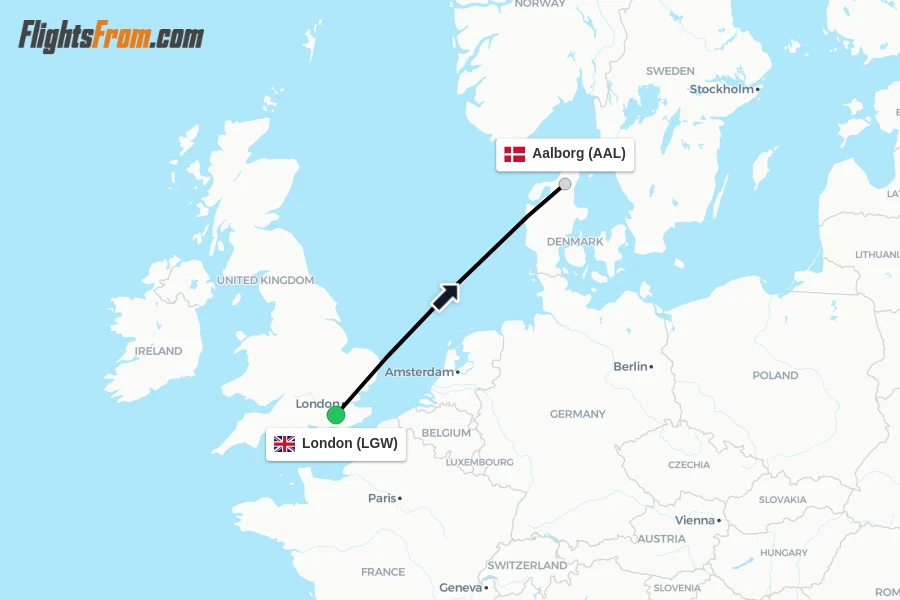 Flights from London to Aalborg route map