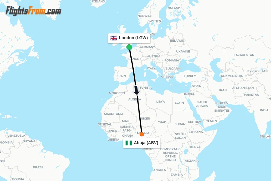Flights from London to Abuja route map