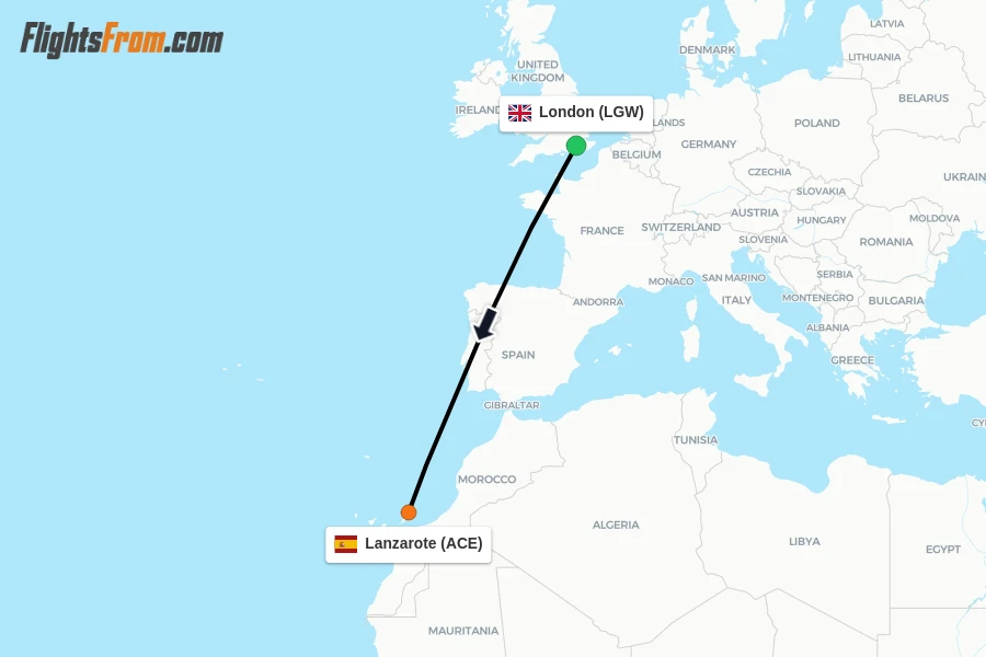 Flights from London to Lanzarote route map