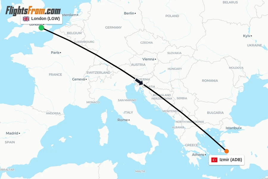 Flights from London to Izmir route map