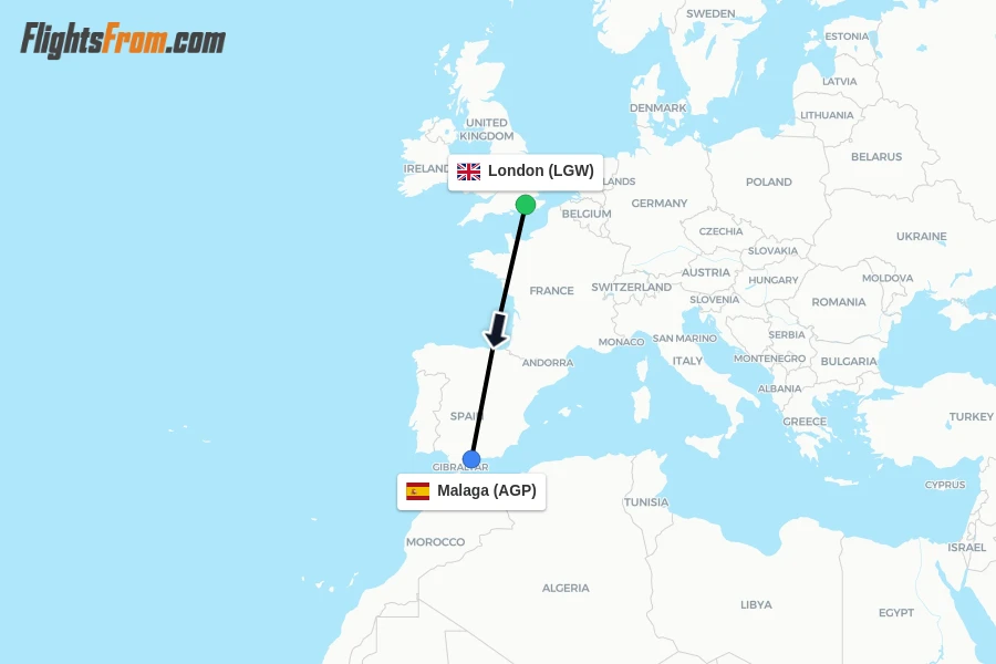 Flights from London to Malaga route map