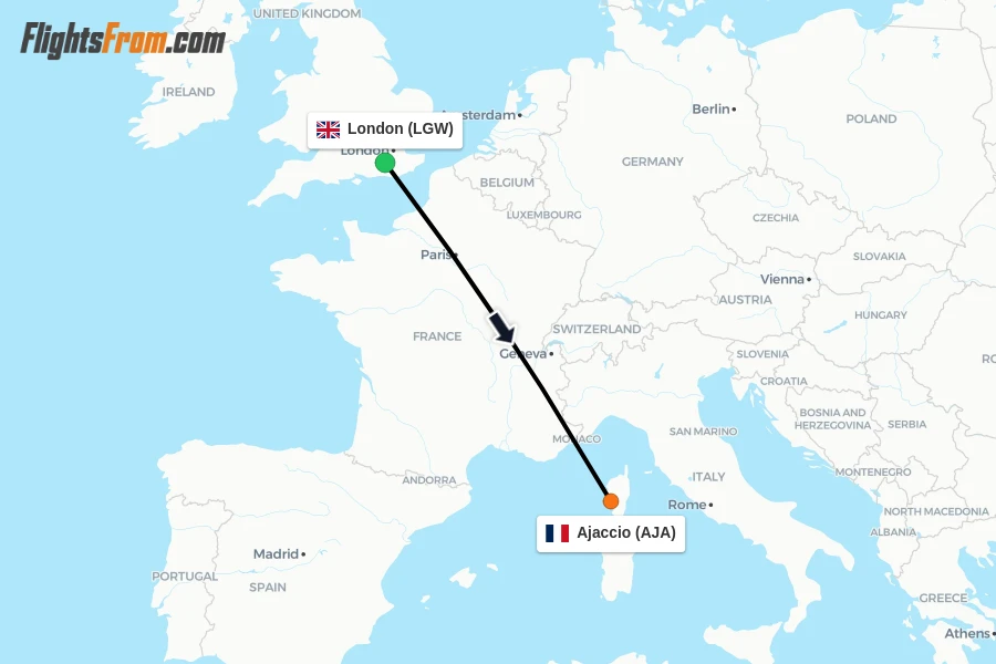 Flights from London to Ajaccio route map