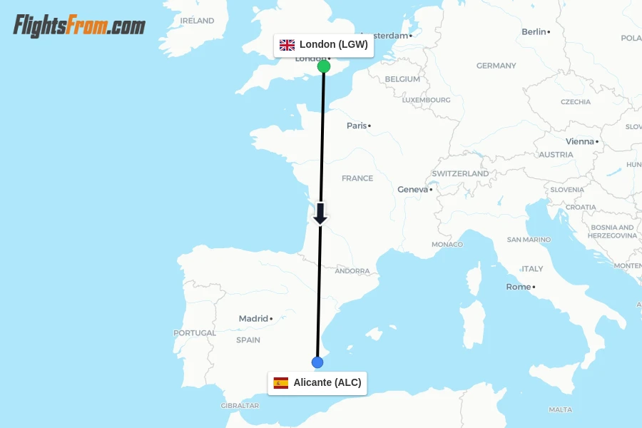 Flights from London to Alicante route map