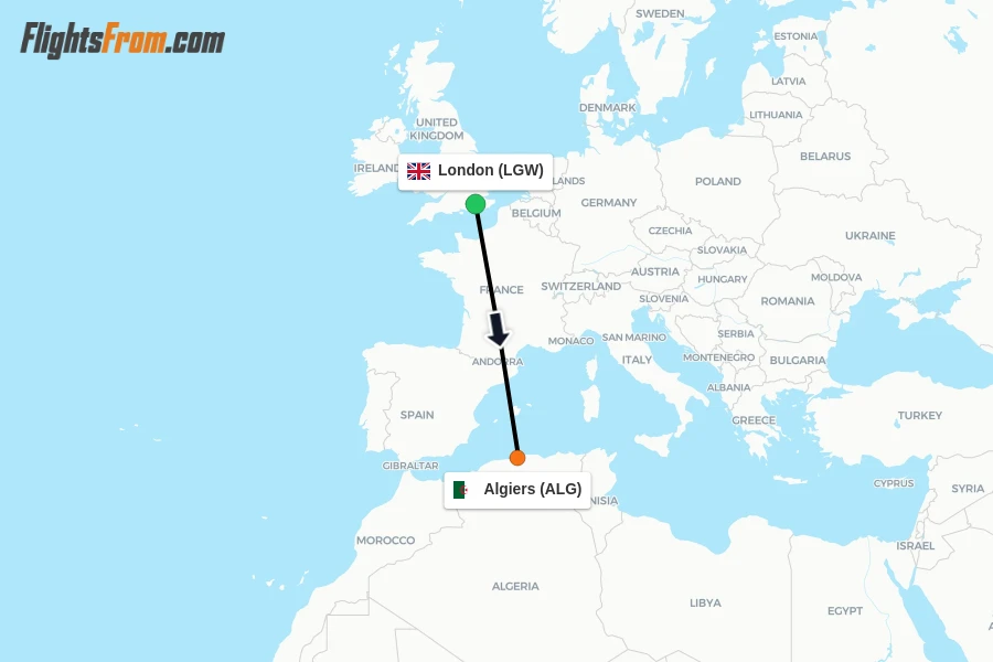 Flights from London to Algiers route map