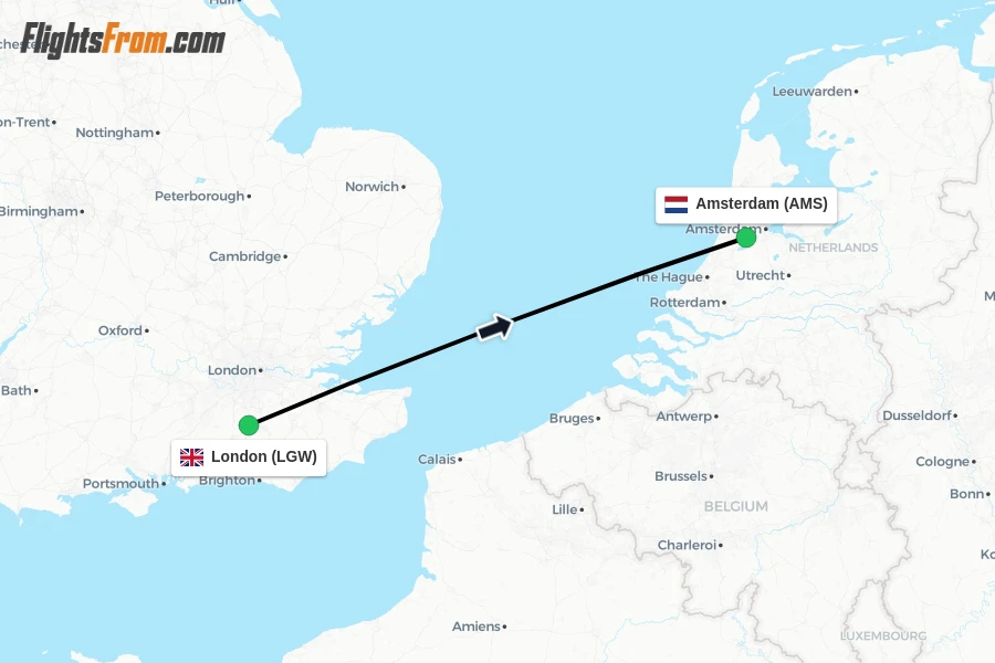 Flights from London to Amsterdam route map