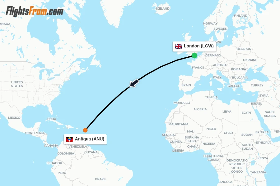 Flights from London to Antigua route map
