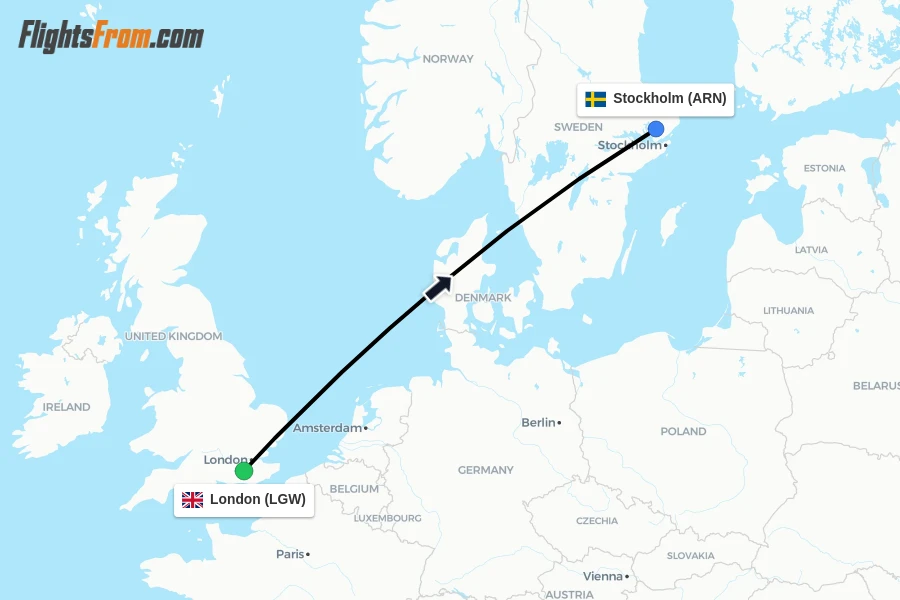 Flights from London to Stockholm route map