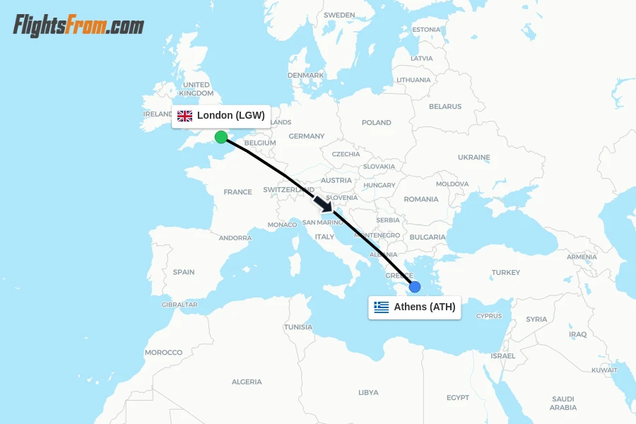 Flights from London to Athens route map