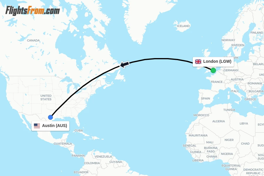 Flights from London to Austin route map
