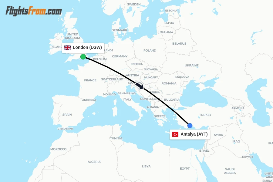 Flights from London to Antalya route map
