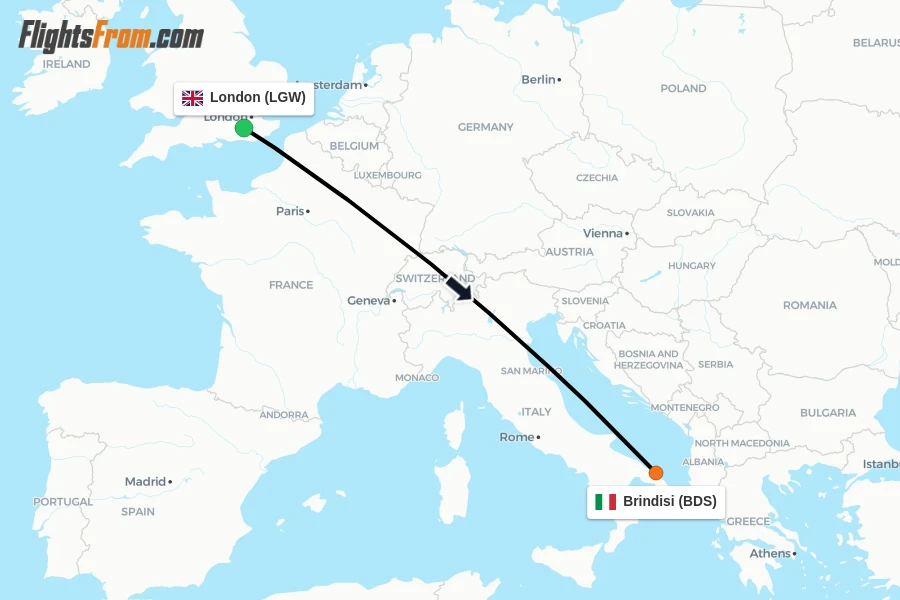 Flights from London to Brindisi route map