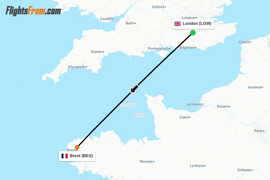 Flights from London to Brest route map