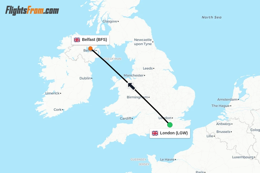Flights from London to Belfast route map